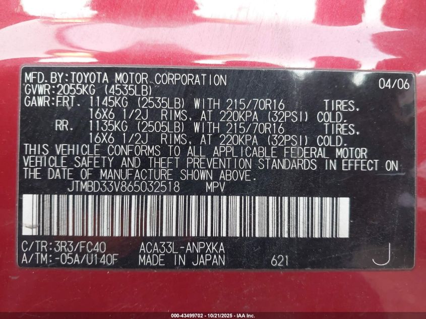 2006 Toyota Rav4 VIN: JTMBD33V865032518 Lot: 43499702