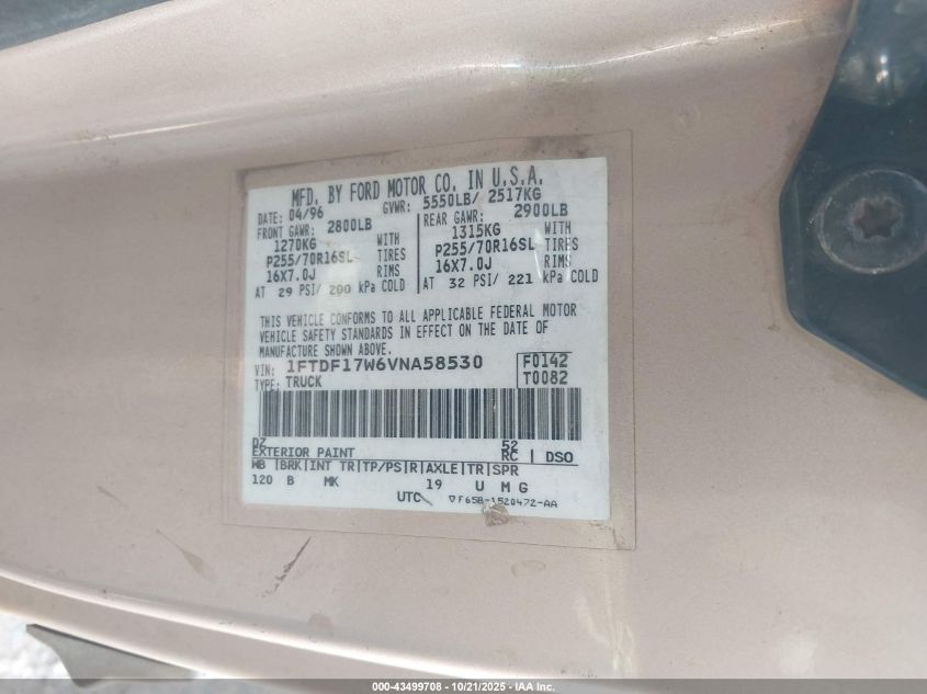 1997 Ford F-150 Lariat/Standard/Xl/Xlt VIN: 1FTDF17W6VNA58530 Lot: 43499708