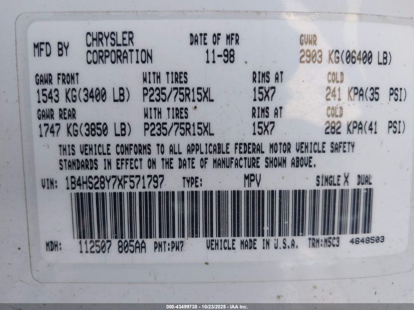1999 Dodge Durango VIN: 1B4HS28Y7XF571797 Lot: 43499738