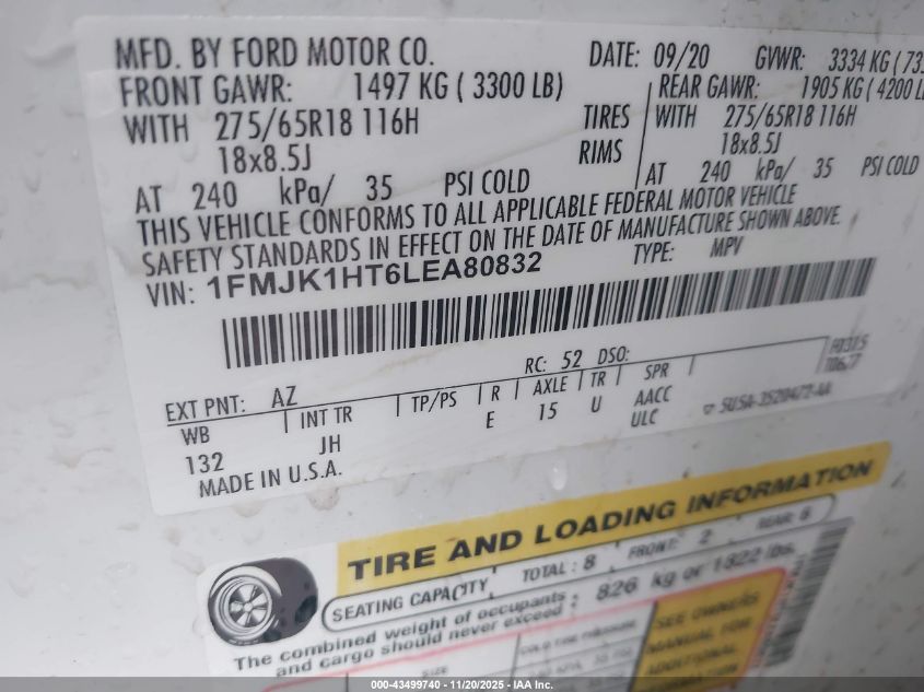 2020 Ford Expedition Xlt Max VIN: 1FMJK1HT6LEA80832 Lot: 43499740