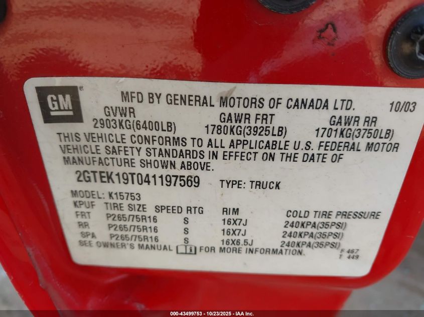 2004 GMC Sierra 1500 Sle VIN: 2GTEK19T041197569 Lot: 43499753