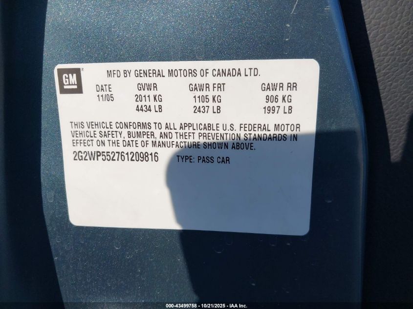 2006 Pontiac Grand Prix VIN: 2G2WP552761209816 Lot: 43499758