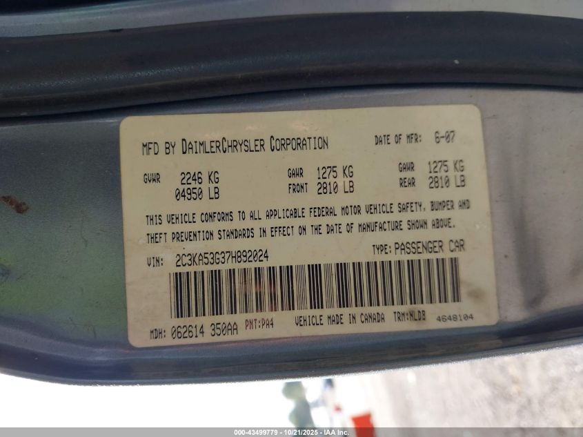 2007 Chrysler 300 Touring VIN: 2C3KA53G37H892024 Lot: 43499779