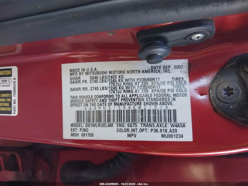 2008 Mitsubishi Endeavor Se VIN: 4A4MN31S88E021514 Lot: 43499809