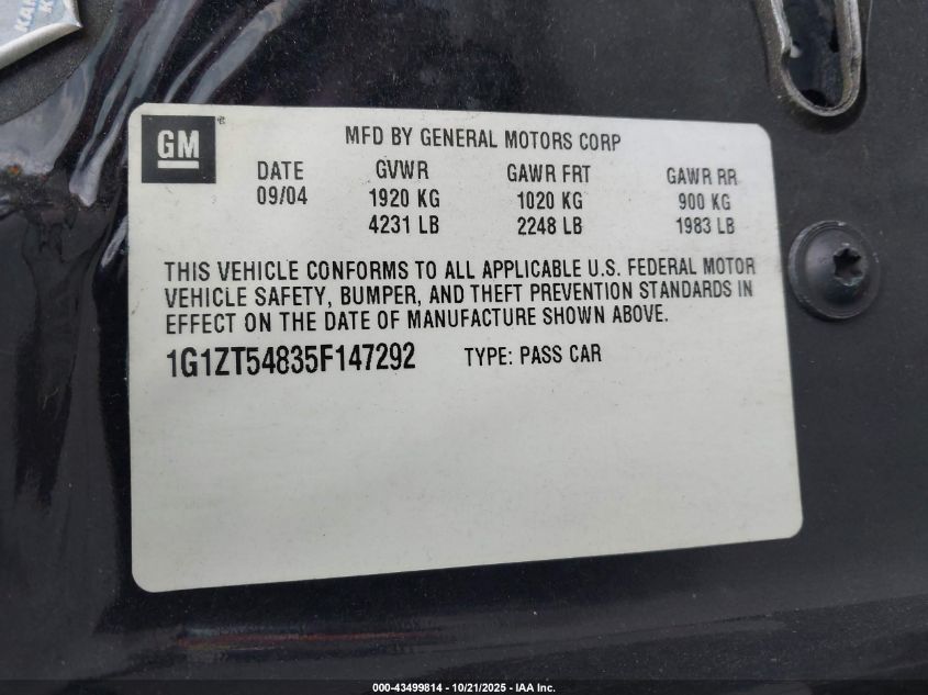 2005 Chevrolet Malibu Ls VIN: 1G1ZT54835F147292 Lot: 43499814