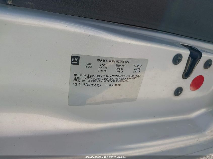 2007 Chevrolet Cobalt Lt VIN: 1G1AL15F477151139 Lot: 43499835