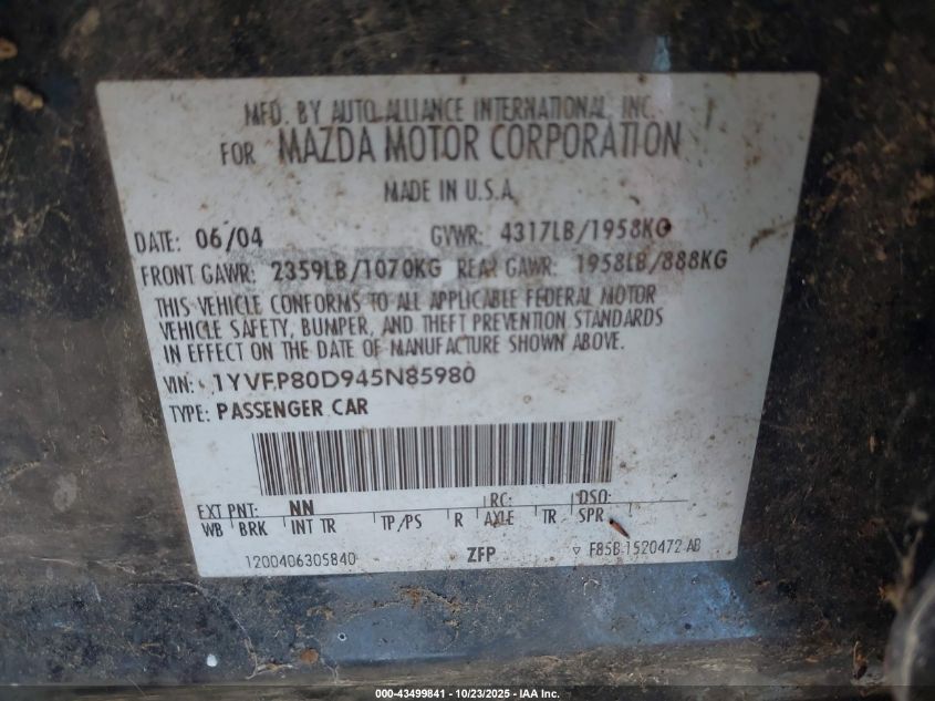2004 Mazda Mazda6 S VIN: 1YVFP80D945N85980 Lot: 43499841