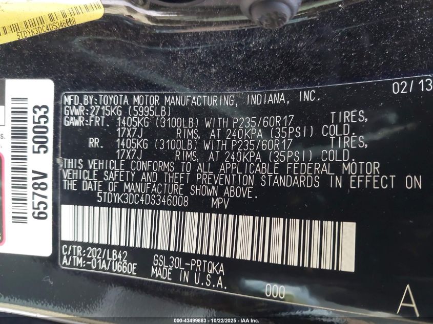 2013 TOYOTA SIENNA XLE V6 8 PASSENGER 5TDYK3DC4DS346008