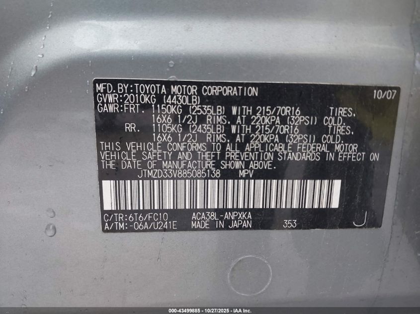 2008 Toyota Rav4 VIN: JTMZD33V885085138 Lot: 43499885