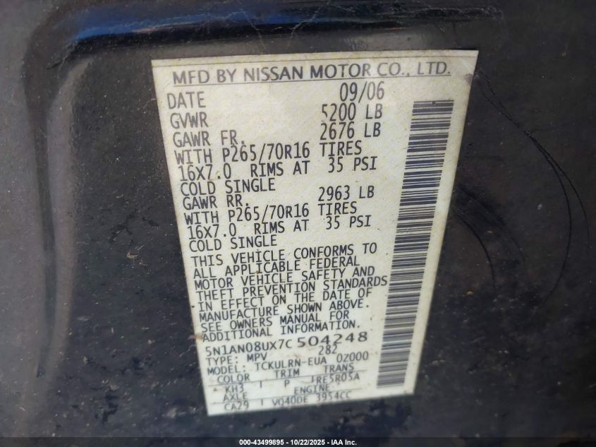 2007 Nissan Xterra S VIN: 5N1AN08UX7C504248 Lot: 43499895