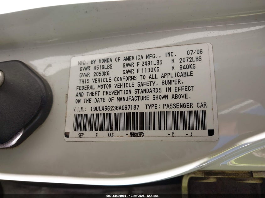 2006 Acura Tl VIN: 19UUA66236A067187 Lot: 43499901
