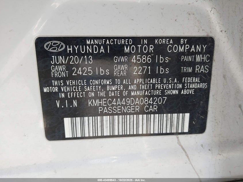 2013 HYUNDAI SONATA HYBRID LIMITED KMHEC4A49DA084207
