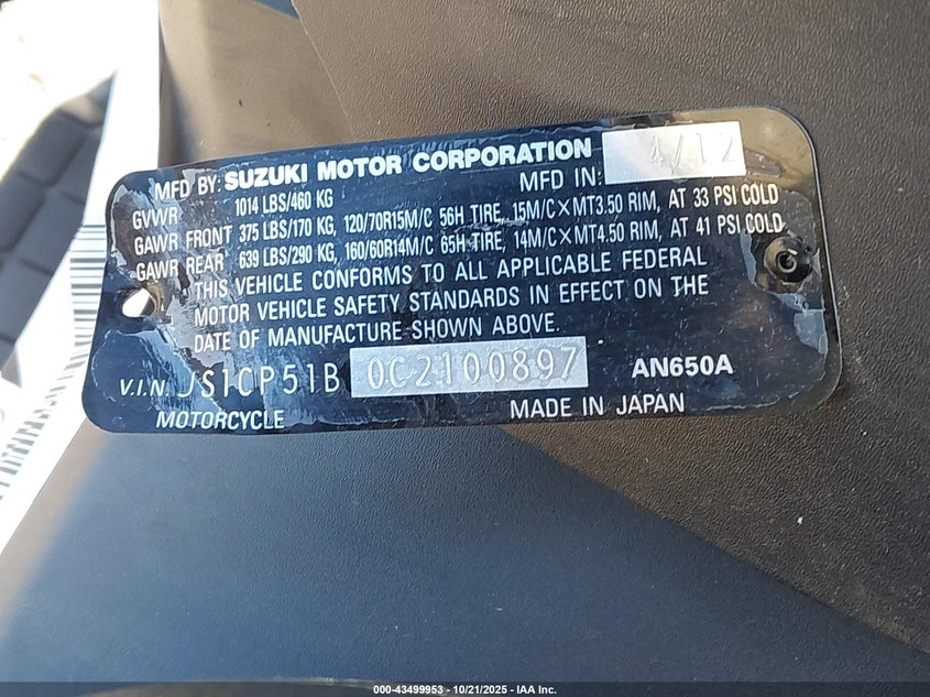 2012 Suzuki An650 A VIN: JS1CP51B0C2100897 Lot: 43499953