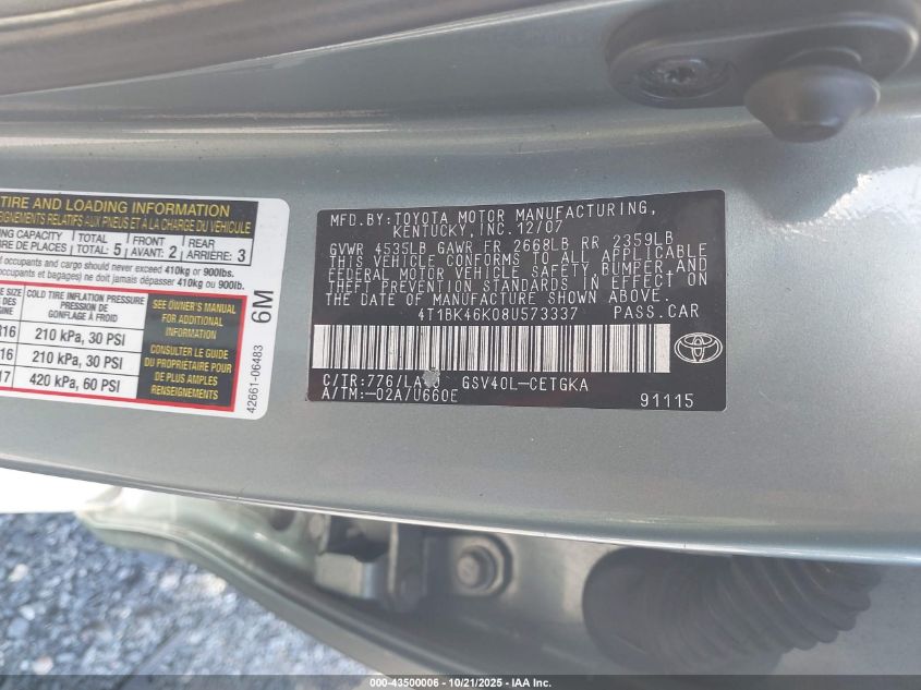 2008 Toyota Camry Xle V6 VIN: 4T1BK46K08U573337 Lot: 43500006