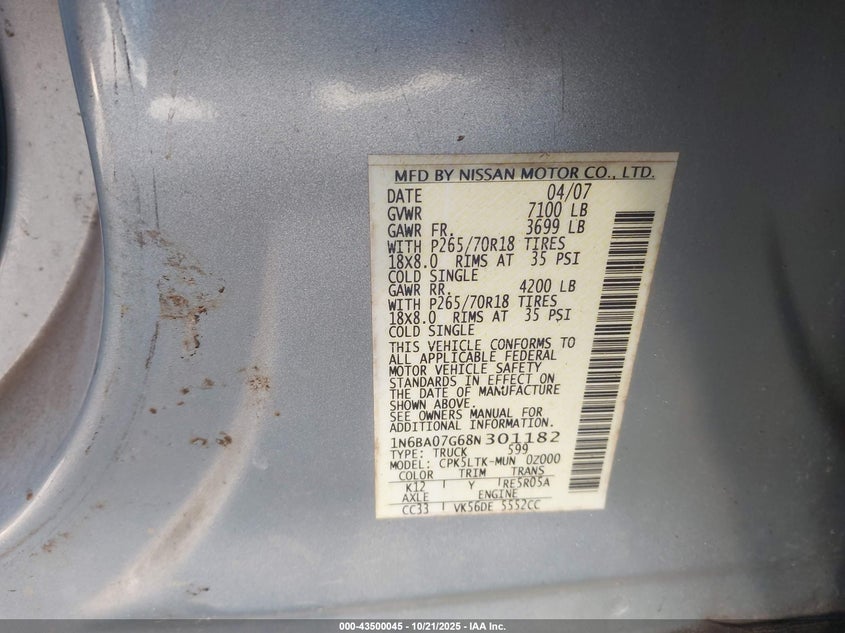 1N6BA07G68N301182 2008 NISSAN TITAN photo no. 9