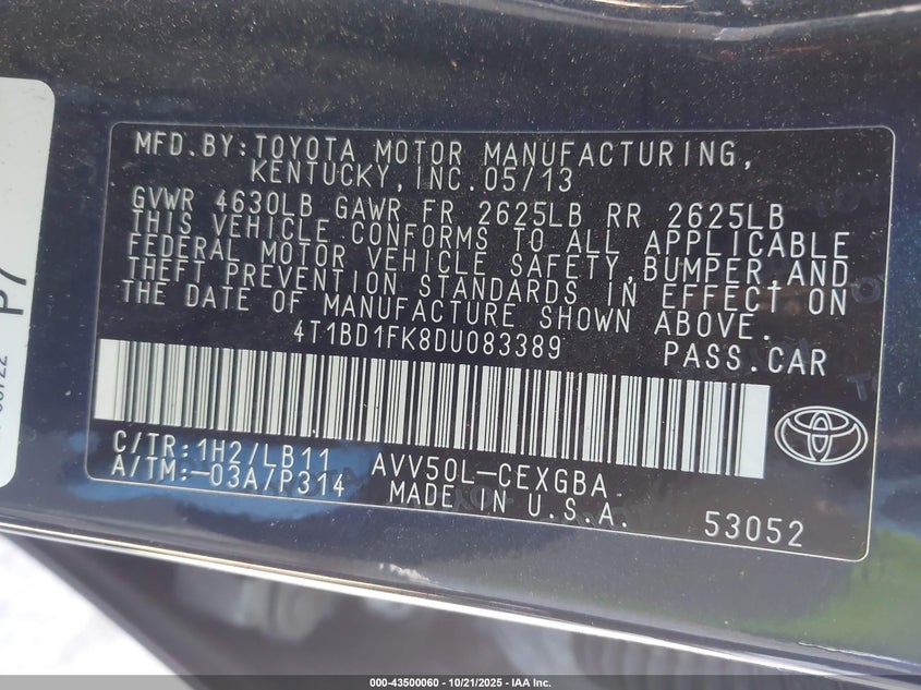 2013 TOYOTA CAMRY HYBRID XLE 4T1BD1FK8DU083389