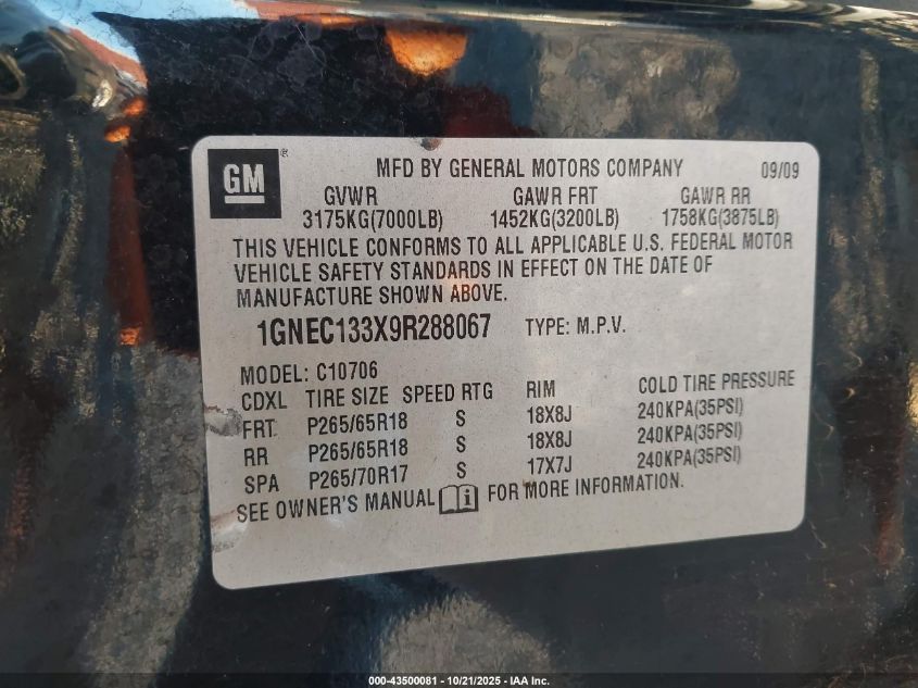 2009 Chevrolet Tahoe Ls VIN: 1GNEC133X9R288067 Lot: 43500081