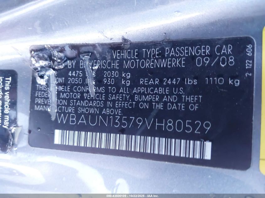 2009 BMW 128I VIN: WBAUN13579VH80529 Lot: 43500109