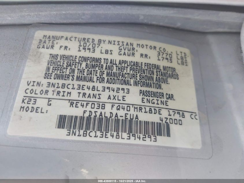 2008 Nissan Versa 1.8S VIN: 3N1BC13E48L394293 Lot: 43500115