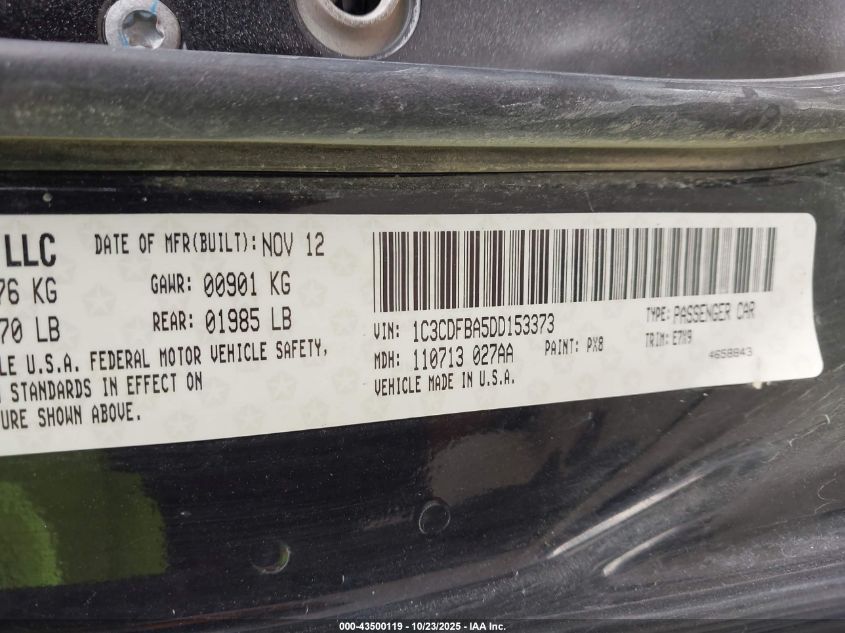 2013 Dodge Dart Sxt VIN: 1C3CDFBA5DD153373 Lot: 43500119