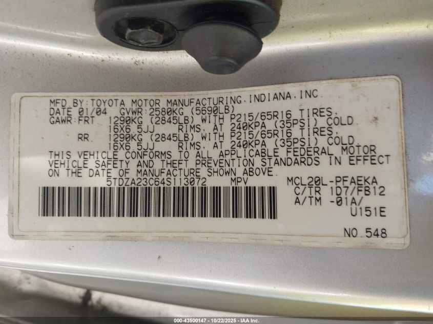 2004 Toyota Sienna Le VIN: 5TDZA23C64S113072 Lot: 43500147