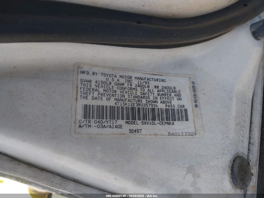 1994 Toyota Camry Le VIN: 4T1SK12E3RU357935 Lot: 43500149