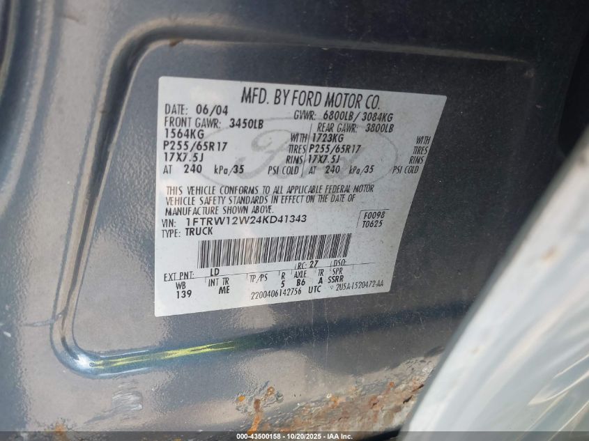 2004 Ford F-150 Xlt VIN: 1FTRW12W24KD41343 Lot: 43500158