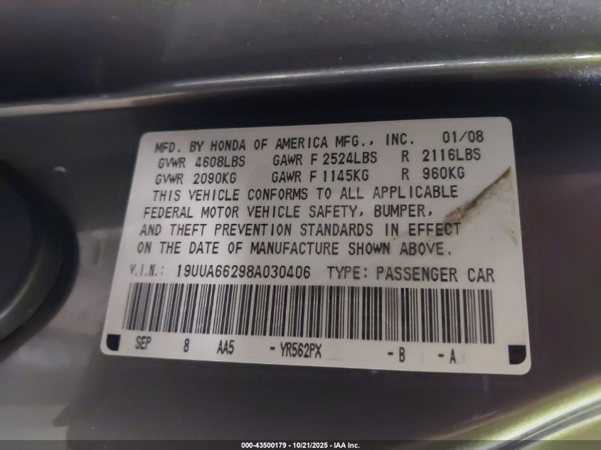 2008 Acura Tl 3.2 VIN: 19UUA66298A030406 Lot: 43500179
