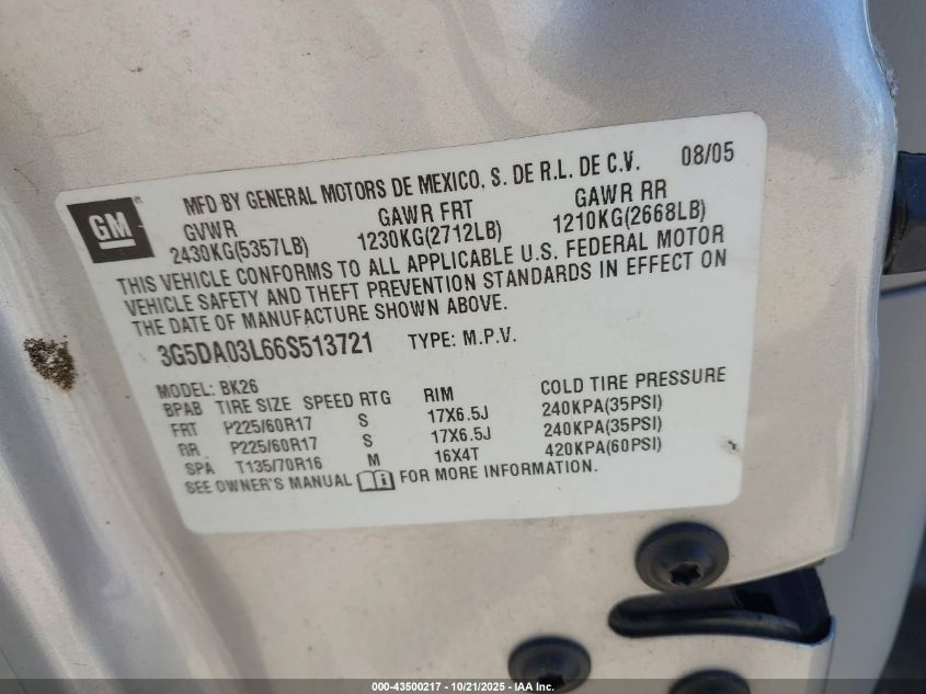 2006 Buick Rendezvous Cx VIN: 3G5DA03L66S513721 Lot: 43500217