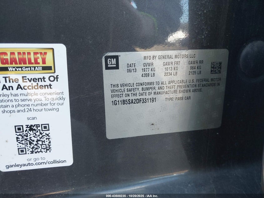 2013 CHEVROLET MALIBU 1LS 1G11B5SA2DF331191