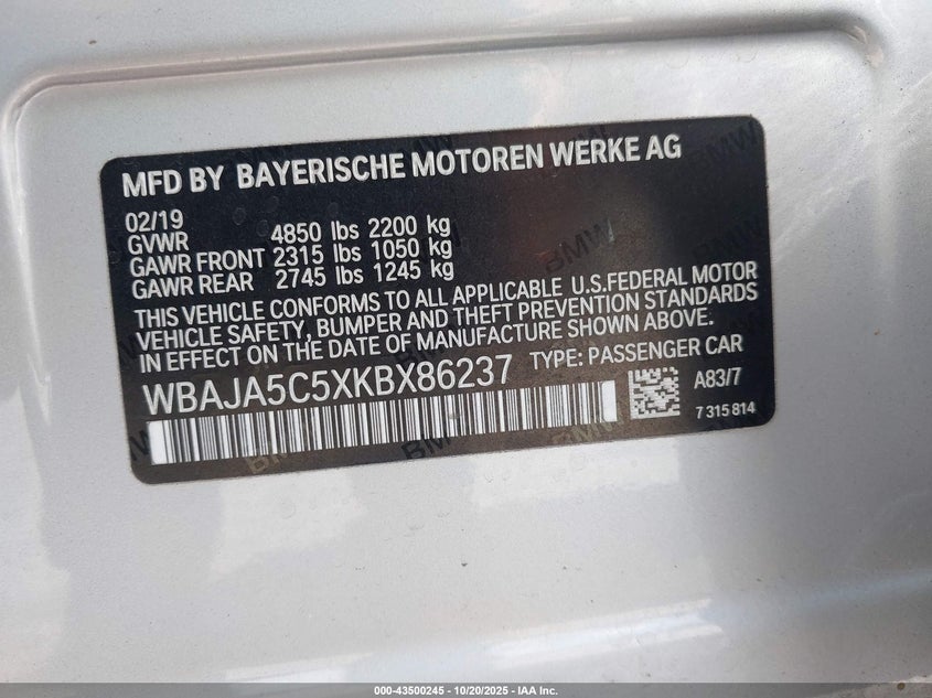 2019 BMW 5 SERIES 530I WBAJA5C5XKBX86237