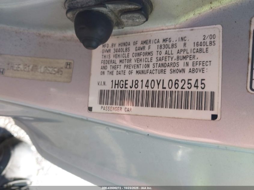2000 Honda Civic Ex VIN: 1HGEJ8140YL062545 Lot: 43500272