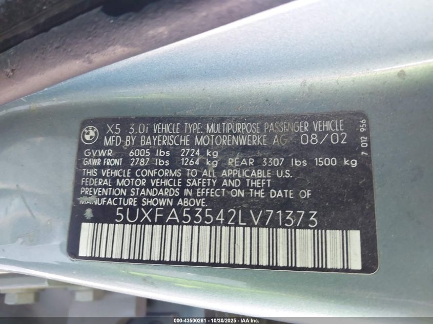 2002 BMW X5 3.0I VIN: 5UXFA53542LV71373 Lot: 43500281