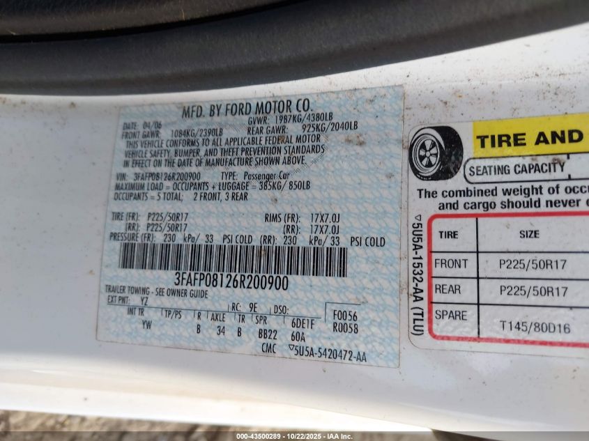 2006 Ford Fusion Sel VIN: 3FAFP08126R200900 Lot: 43500289