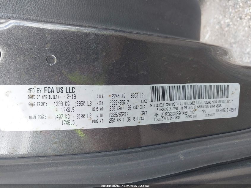 2019 Dodge Grand Caravan Gt VIN: 2C4RDGEG4KR641459 Lot: 43500294