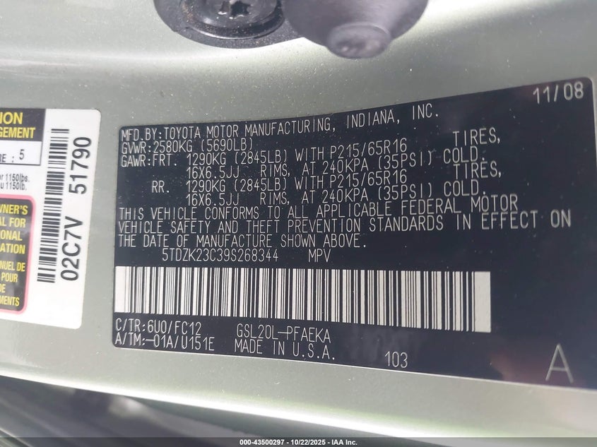 5TDZK23C39S268344 2009 TOYOTA SIENNA photo no. 9
