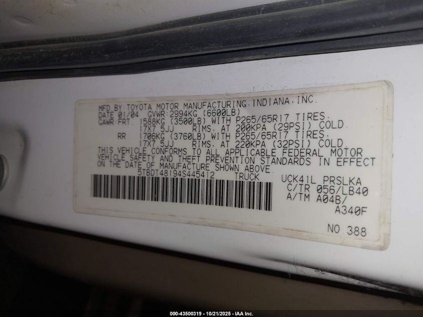 2004 Toyota Tundra Limited V8 VIN: 5TBDT48194S445412 Lot: 43500319