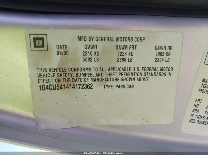 2001 Buick Park Avenue Ultra VIN: 1G4CU541414172362 Lot: 43500354