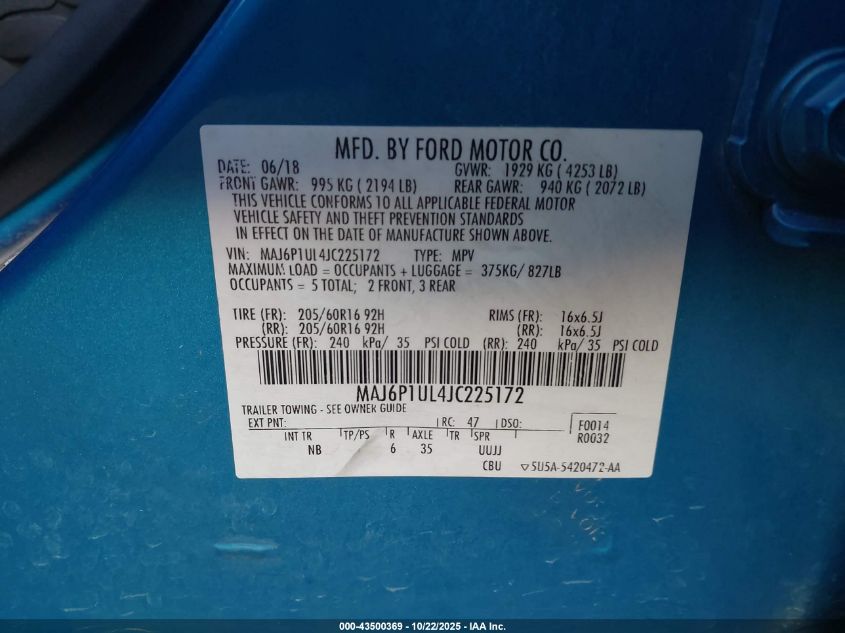 2018 Ford Ecosport Se VIN: MAJ6P1UL4JC225172 Lot: 43500369