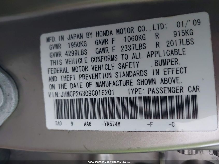 2009 Honda Accord 2.4 Lx VIN: JHMCP26309C016201 Lot: 43500383