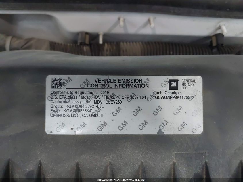 2019 Chevrolet Express 2500 Work Van VIN: 1GCWGAFP8K1170572 Lot: 43500391