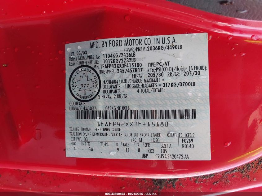 2003 Ford Mustang Gt VIN: 1FAFP42XX3F415180 Lot: 43500404