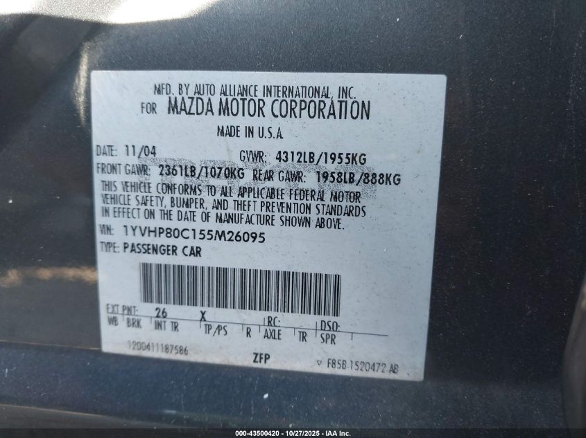 2005 Mazda Mazda6 I Sport VIN: 1YVHP80C155M26095 Lot: 43500420