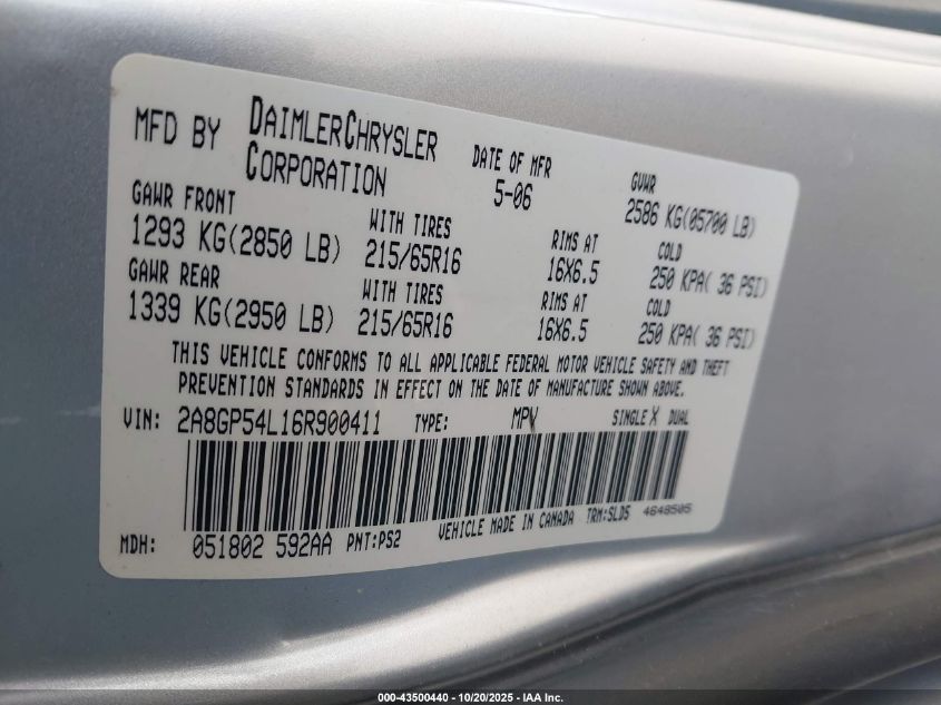 2006 Chrysler Town & Country Touring VIN: 2A8GP54L16R900411 Lot: 43500440