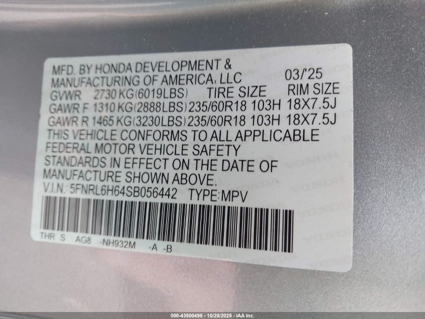 2025 Honda Odyssey Ex-L VIN: 5FNRL6H64SB056442 Lot: 43500498