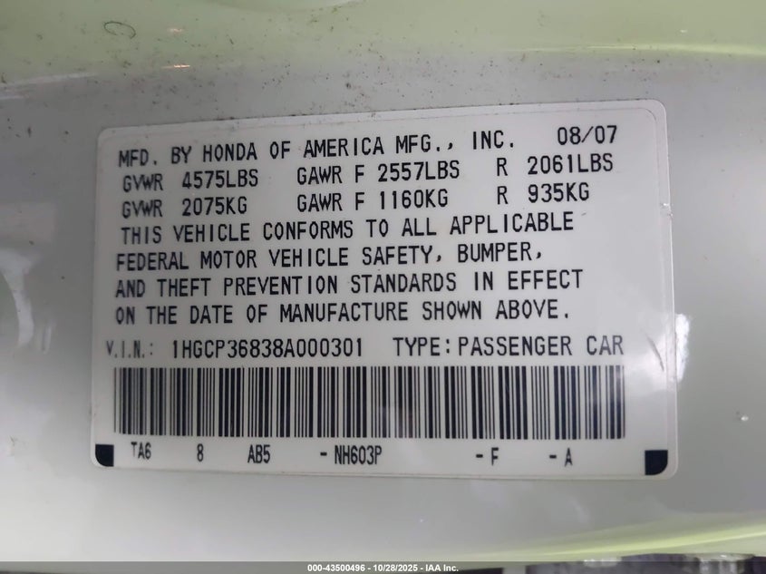 1HGCP36838A000301 2008 HONDA ACCORD photo no. 9