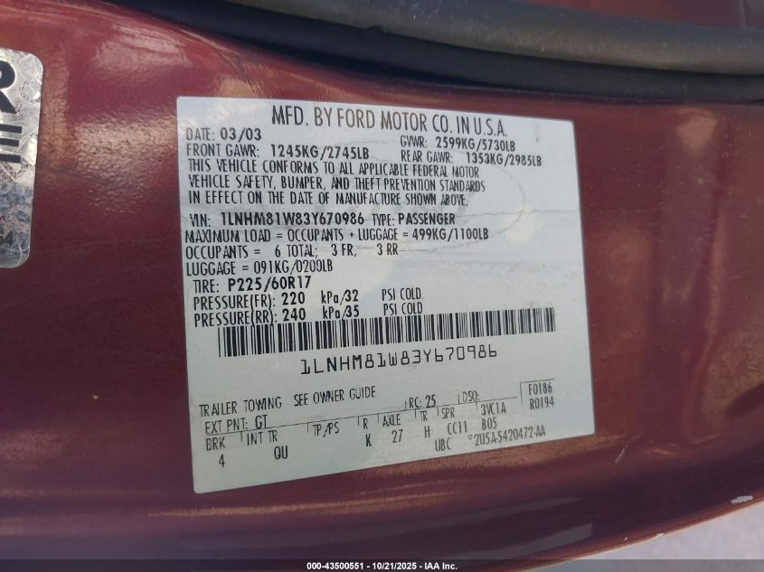 2003 Lincoln Town Car Executive VIN: 1LNHM81W83Y670986 Lot: 43500551