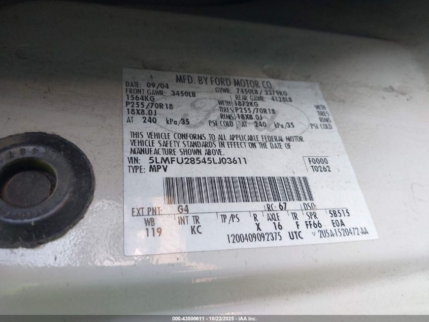 2005 Lincoln Navigator VIN: 5LMFU28545LJ03611 Lot: 43500611