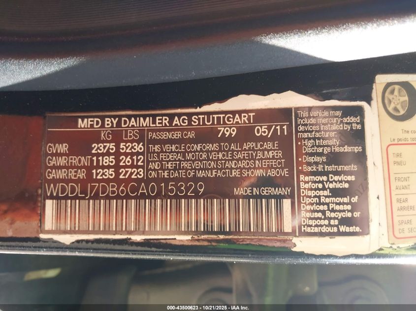 2012 Mercedes-Benz Cls 550 VIN: WDDLJ7DB6C8015329 Lot: 43500623