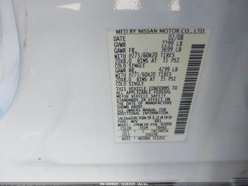 2008 Infiniti Qx56 VIN: 5N3AA08C48N912499 Lot: 43500629